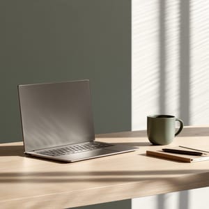 A quiet office workstation with a sleek laptop and ceramic mug rendered in a Low-chroma palette of muted tones.
