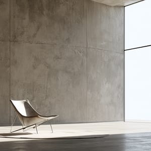 A minimalist brutalist lounge chair sits in a quiet high-ceiling room, bathed in diffuse overcast daylight through tall window glass. The scene features a low-chroma palette of soft slate greys, washed-out concrete tones, and subtle desaturated hues. --ar 4:3