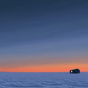 A minimalist landscape featuring a low horizon line under an expansive twilight sky with faint stars.