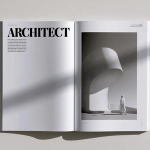 A minimalist magazine spread with bold serif typography, structured columns of body text, and a black-and-white photo.