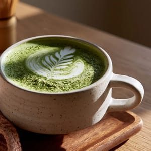 A warm cup of matcha latte art featuring a delicate leaf design in a handmade ceramic mug on a light oak table.
