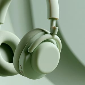 Muted sage green over-ear headphones with a matte silicone finish, resting on a matching seamless background under soft overhead light.