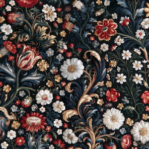 A woven tapestry showcasing a millefleurs palette: countless tiny floral motifs in red, blue, gold, and white scattered across a deep midnight blue field.