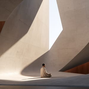 A minimalist concrete meditation pavilion showcasing monastic futurism with clean lines and soft, streaming sunlight.