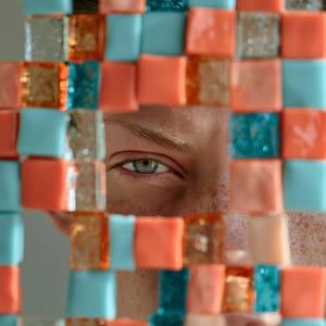 Mosaic of vivid turquoise, coral, and amber glass tesserae partially obscuring a woman's face, the tiles out of focus with dreamy bokeh, sharp on her eyes, soft window light, clean gray backdrop --ar 3:4 --style raw --s 50