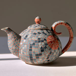 a ceramic teapot covered in mosaic, small glass tesserae arranged in a pattern, visible grout lines, muted blue and terracotta tones, soft studio light on a plain background --ar 1:1 --style raw --s 50