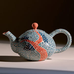 a ceramic teapot covered in mosaic, small glass tesserae arranged in a pattern, visible grout lines, muted blue and terracotta tones, soft studio light on a plain background --ar 1:1 --style raw --s 50