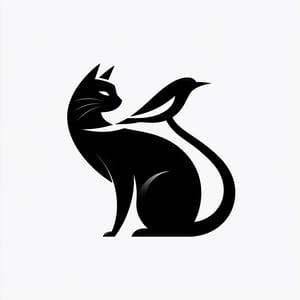 A clever minimalist logo utilizing negative space to depict both a cat and a bird in a single flat graphic.