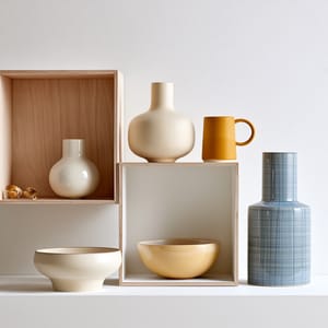 A geometric wooden wall shelf with ceramic vessels styled in a nordic graphic palette of mustard, dusty blue, and white.