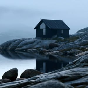 A solitary black timber cabin on a rocky shore surrounded by thick morning fog, captured in the atmospheric nordic noir aesthetic.