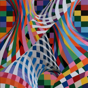 A high-fashion photograph of a model wearing a tailored formal suit patterned with the mesmerizing geometric lines of op art.
