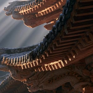 Mist-shrouded ornate temple eaves crafted from weathered dark wood and green-glazed tiles, featuring intricate dragon carvings reaching toward a moody sky.