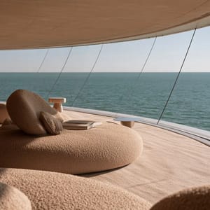 A quiet-luxury panoramic observation lounge on a cruise ship with warm wood panels, plush chairs, and vast ocean views.