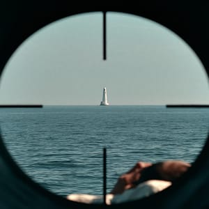A periscope view of a distant lighthouse on a calm sea, with a crosshair reticle overlay, shot on 35mm film --ar 4:3