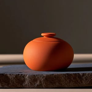 A minimalist matte ceramic tea jar glazed in rich persimmon orange sits elegantly against a soft, neutral studio backdrop.