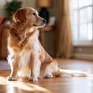 A golden retriever photographed from a pet-level eye line on a warm wooden floor in morning window light.