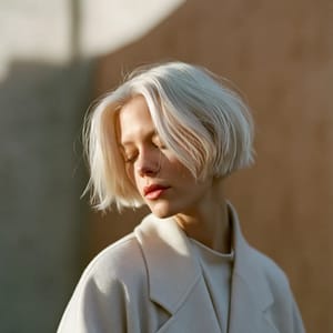 A minimalist fashion portrait showcasing a model with platinum blonde hair wearing a sleek cream coat against a soft beige wall.