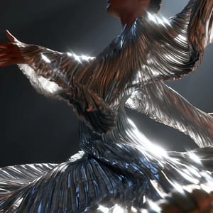 A haute couture gown made of silver pleated lamé, capturing the studio light with sharp, liquid-like metallic folds.