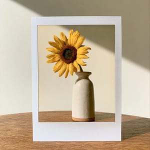 Still life of a single sunflower in a ceramic vase on a wooden table, rendered as a Polaroid instant print with muted ochre yellow, faded olive green, and warm cream tones, and a characteristic white border --ar 1:1 --raw --profile 9qzq3j7 --stylize 50 --preview