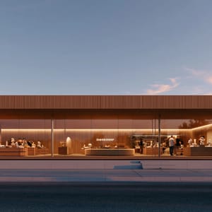 A sleek modern pop-up retail store with warm timber accents and soft lighting, nestled in a quiet urban plaza.