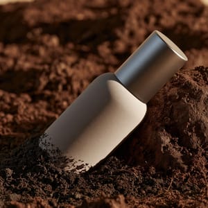 A minimalist ceramic skincare bottle with a silver cap nestled in rich, textured raw soil during a macro product shot.