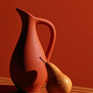 a ceramic pitcher and a single pear on a wooden table, graded in redscale, with deep crimson shadows and burnt orange highlights, no other hues in frame --ar 3:4 --style raw --s 50 --no blue, green, purple
