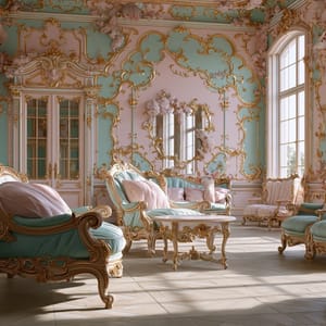 A lavish interior salon rendered in the Rococo aesthetic, showcasing intricate gold scrollwork, pastel pink silk upholstery, and curved wooden furniture.