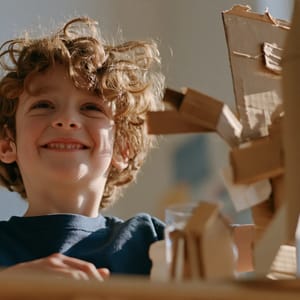 A proud young student stands next to a science fair project on a wooden classroom desk under warm, natural light.