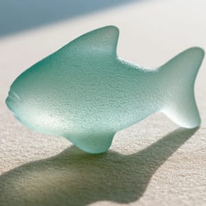 a minimalist stylized fish sculpture cast in frosted sea glass, macro close-up of the weathered material, pitted matte surface worn smooth by ocean waves, soft morning backlight revealing a gentle internal translucent glow, pale pastel teal color, resting on a clean sand-textured background --ar 1:1 --style raw --s 50 --preview