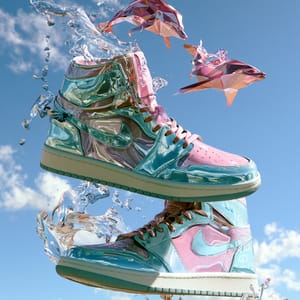 A pair of high-top sneakers styled in Seapunk with teal chrome surfaces, floating dolphins, and digital water reflections.