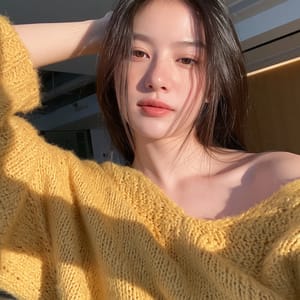 A casual selfie photo of a young woman in a cozy yellow sweater, smiling on a sunny autumn street with soft background blur.