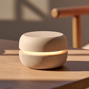 A minimalist smart home assistant device on a wooden nightstand, showcasing a soft-tech aesthetic with its matte cream finish, seamless fabric speaker grille, and gentle glowing ring light.