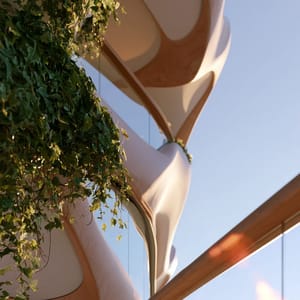 An eco-futuristic balcony styled in solarpunk aesthetic, featuring integrated solar panel glass, cascading vertical gardens, and organic curved wooden architecture.