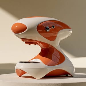 an espresso machine in Space Age design, glossy white and vibrant orange plastic housing, flowing organic curves and pod-like geometry, chrome toggle switches, set against a minimalist cream-colored studio backdrop, soft overhead lighting --ar 4:3 --raw --profile 9qzq3j7 --hd --preview