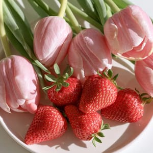 A still life of tulips and strawberries on a white table with soft natural light, graded in a Spring palette of pale pink, mint green, and butter yellow, no dark or heavy tones in the frame --ar 4:3 --style raw --s 100 --no brown, gray, black --preview