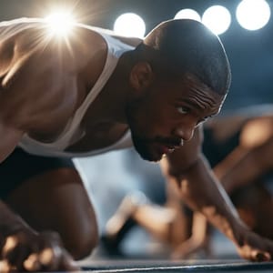 A determined sprinter at the starting blocks is illuminated by the harsh, dramatic glare of stadium floodlights at night.