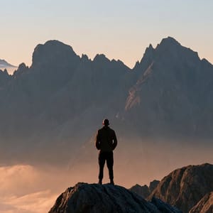 A sublime scene of a lone figure silhouetted against a vast mountain range at dawn, with mist in the valley and glowing clouds.