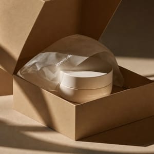 An open earthy gift box with a cosmetic jar wrapped in Sylvicta translucent barrier paper printed with 'AtomWords'.