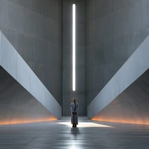 A symmetrical composition showing a solitary monk standing at the dead center of a soaring, modernist concrete cathedral.