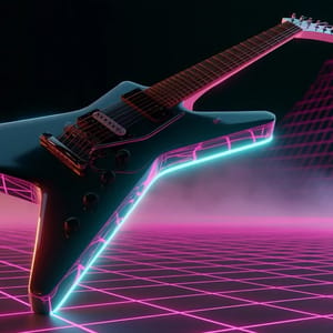 A retro-futuristic electric guitar floating above a glowing grid bathed in synthwave magenta and cyan neon lighting.
