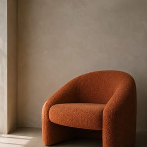 A modern minimalist lounge chair upholstered in rich terracotta fabric, sitting against a neutral warm-grey plaster wall.