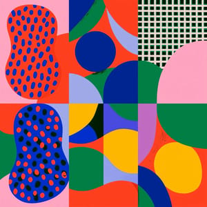 An intricate graphic poster showcasing a tetradic color scheme of violet, orange, green, and blue.