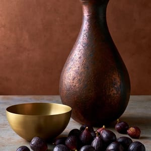 A still life arrangement forming a classical triangular composition with a tall copper vase at the top and a brass bowl with figs at the base.