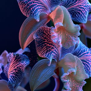 Intricate tropical orchids glowing under ultraviolet light with vivid neon pink and electric blue veins pulsing against a pitch-black background.