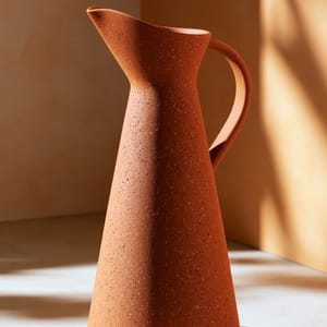 A contemporary pour-over coffee carafe made of unglazed terracotta sits on a warm plaster surface under soft light.