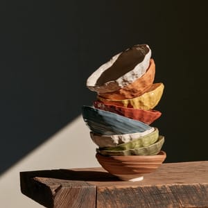 A tall stack of colorful ceramic bowls teeters in unstable balance on the very edge of a dark wooden table.