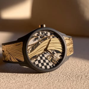 A sleek modern wristwatch designed in the Vienna Secession style, featuring intricate gold-leaf patterns and geometric curves.