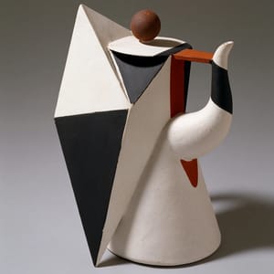 A white ceramic teapot rendered in vorticism, its form fractured into sharp converging planes and bold angular facets, with a stark industrial palette of black, white, and rust.
