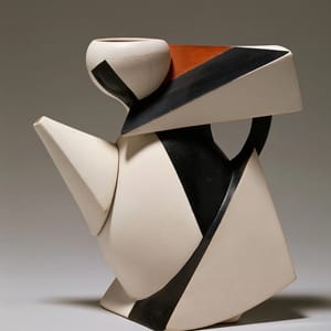 a white ceramic teapot in vorticism, hard diagonal facets slicing the ceramic body, converging sharp planes, stark black and white with rust accent, machine-age geometric abstraction, graphic flat light --ar 4:5 --style raw --s 50 --preview
