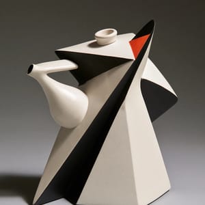 a white ceramic teapot in vorticism, hard diagonal facets slicing the ceramic body, converging sharp planes, stark black and white with rust accent, machine-age geometric abstraction, graphic flat light --ar 4:5 --style raw --s 50 --preview
